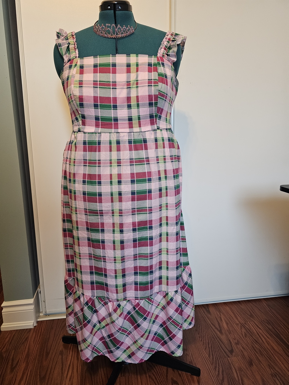 Torrid Pink and Green Plaid Midi Dress with Ruffle Straps